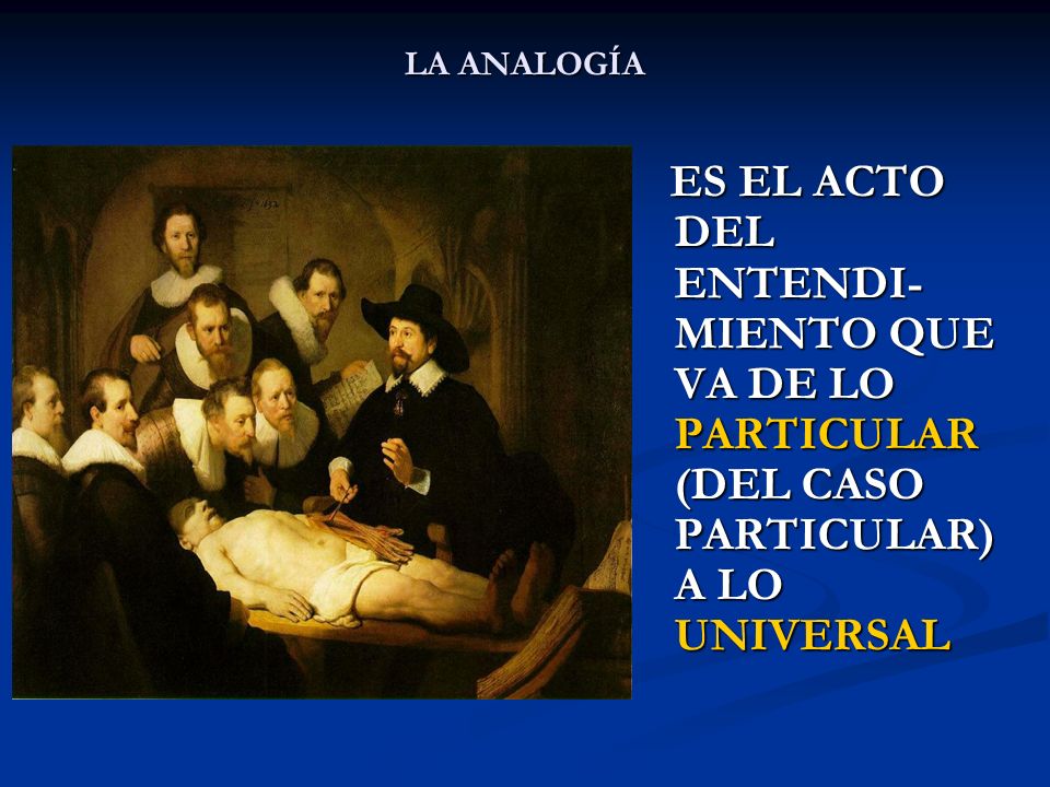 LA ANALOGÍA ES EL ACTO DEL ENTENDI-MIENTO QUE VA DE LO PARTICULAR (DEL CASO PARTICULAR) A LO UNIVERSAL.