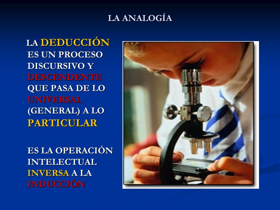 LA ANALOGÍA LA DEDUCCIÓN ES UN PROCESO DISCURSIVO Y DESCENDENTE QUE PASA DE LO UNIVERSAL (GENERAL) A LO PARTICULAR.
