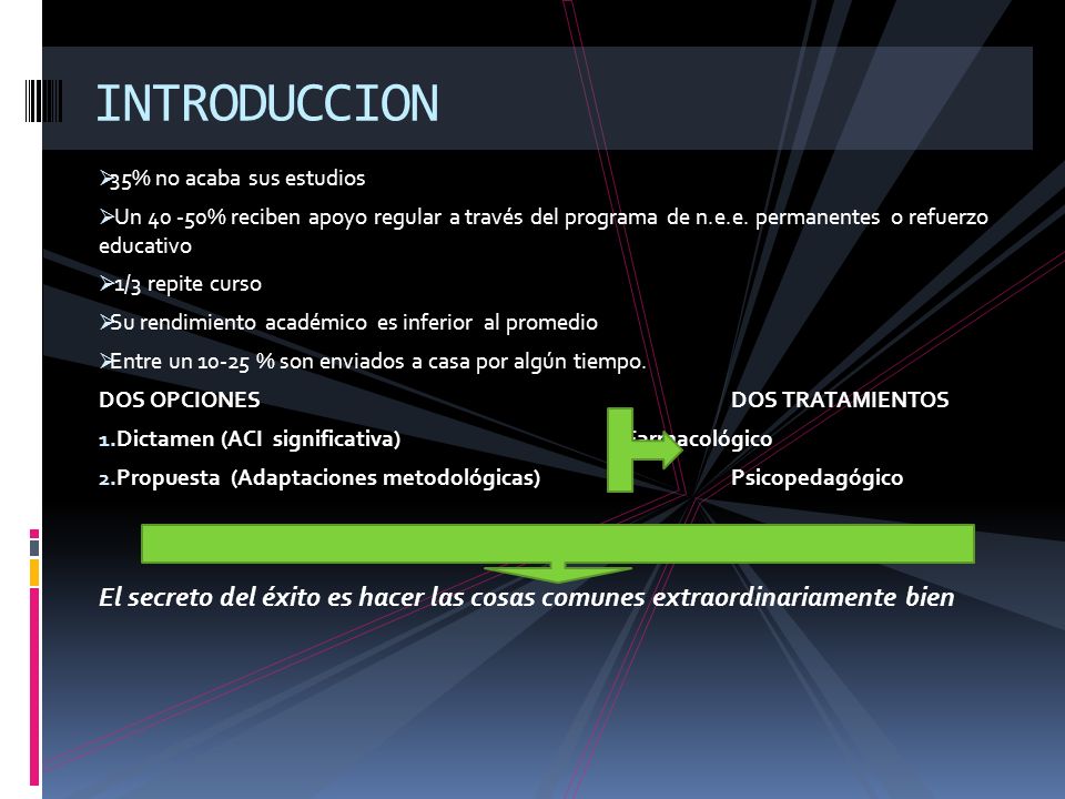 INTRODUCCION 35% no acaba sus estudios. Un % reciben apoyo regular a través del programa de n.e.e. permanentes o refuerzo educativo.