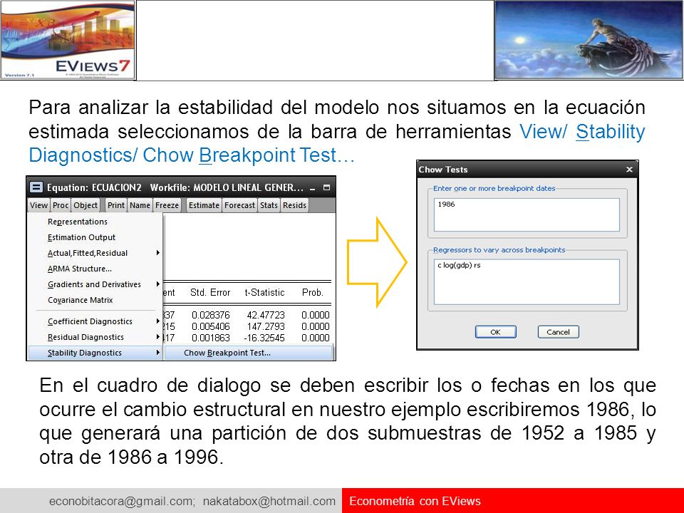 Para analizar la estabilidad del modelo nos situamos en la ecuación estimada seleccionamos de la barra de herramientas View/ Stability Diagnostics/ Chow Breakpoint Test…