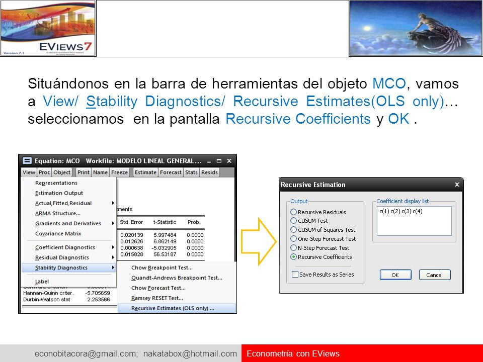 Situándonos en la barra de herramientas del objeto MCO, vamos a View/ Stability Diagnostics/ Recursive Estimates(OLS only)… seleccionamos en la pantalla Recursive Coefficients y OK .