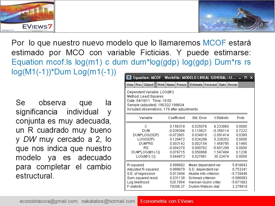 Por lo que nuestro nuevo modelo que lo llamaremos MCOF estará estimado por MCO con variable Ficticias. Y puede estimarse: Equation mcof.ls log(m1) c dum dum*log(gdp) log(gdp) Dum*rs rs log(M1(-1))*Dum Log(m1(-1))