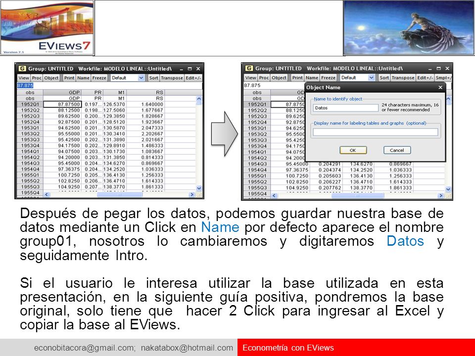 Después de pegar los datos, podemos guardar nuestra base de datos mediante un Click en Name por defecto aparece el nombre group01, nosotros lo cambiaremos y digitaremos Datos y seguidamente Intro.