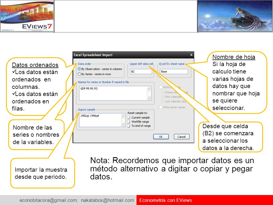 Datos ordenados Los datos están ordenados en columnas. Los datos están ordenados en filas. Nombre de hoja.