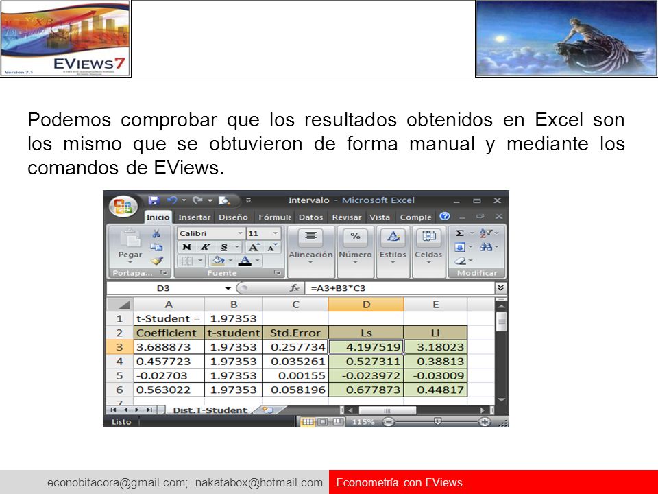 Podemos comprobar que los resultados obtenidos en Excel son los mismo que se obtuvieron de forma manual y mediante los comandos de EViews.