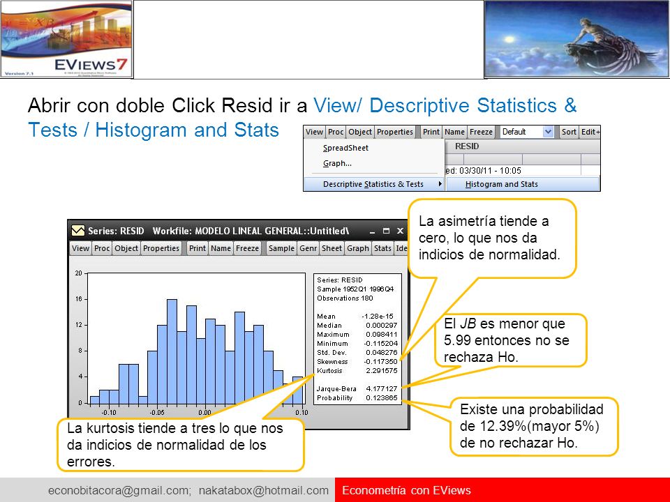 Abrir con doble Click Resid ir a View/ Descriptive Statistics & Tests / Histogram and Stats