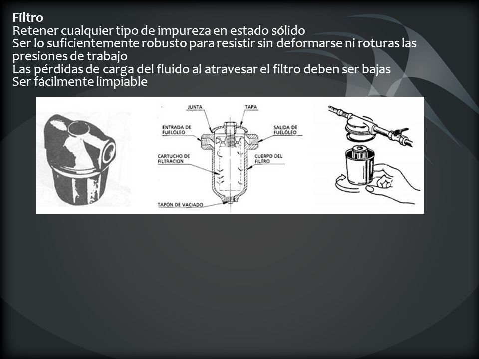 Filtro Retener cualquier tipo de impureza en estado sólido Ser lo suficientemente robusto para resistir sin deformarse ni roturas las presiones de trabajo Las pérdidas de carga del fluido al atravesar el filtro deben ser bajas Ser fácilmente limpiable