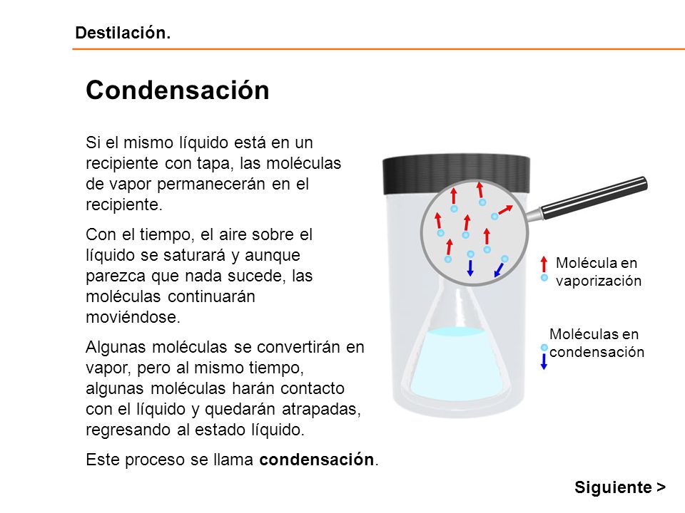 Condensación Si el mismo líquido está en un recipiente con tapa, las moléculas de vapor permanecerán en el recipiente.
