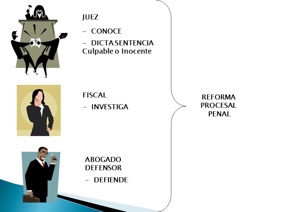 JUEZ - CONOCE. - DICTA SENTENCIA. Culpable o Inocente. FISCAL. REFORMA. PROCESAL. PENAL. - INVESTIGA.