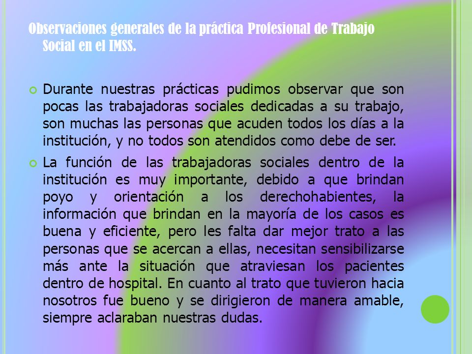 Observaciones generales de la práctica Profesional de Trabajo Social en el IMSS.