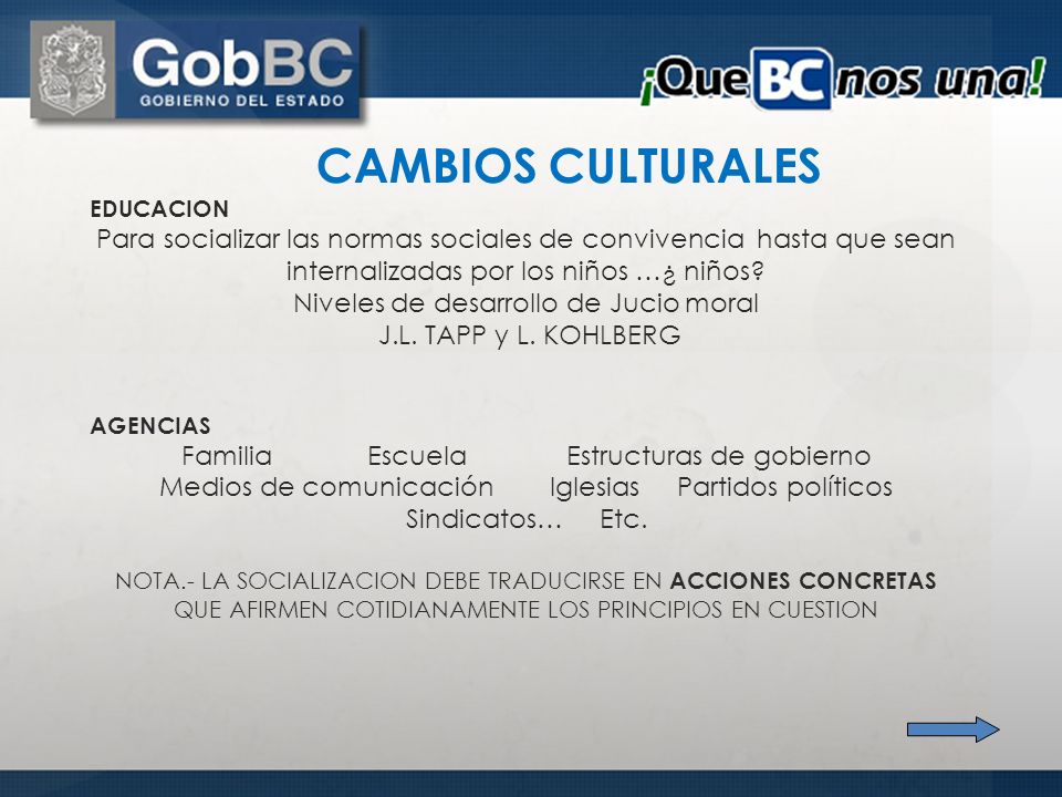 CAMBIOS CULTURALES EDUCACION. Para socializar las normas sociales de convivencia hasta que sean internalizadas por los niños …¿ niños