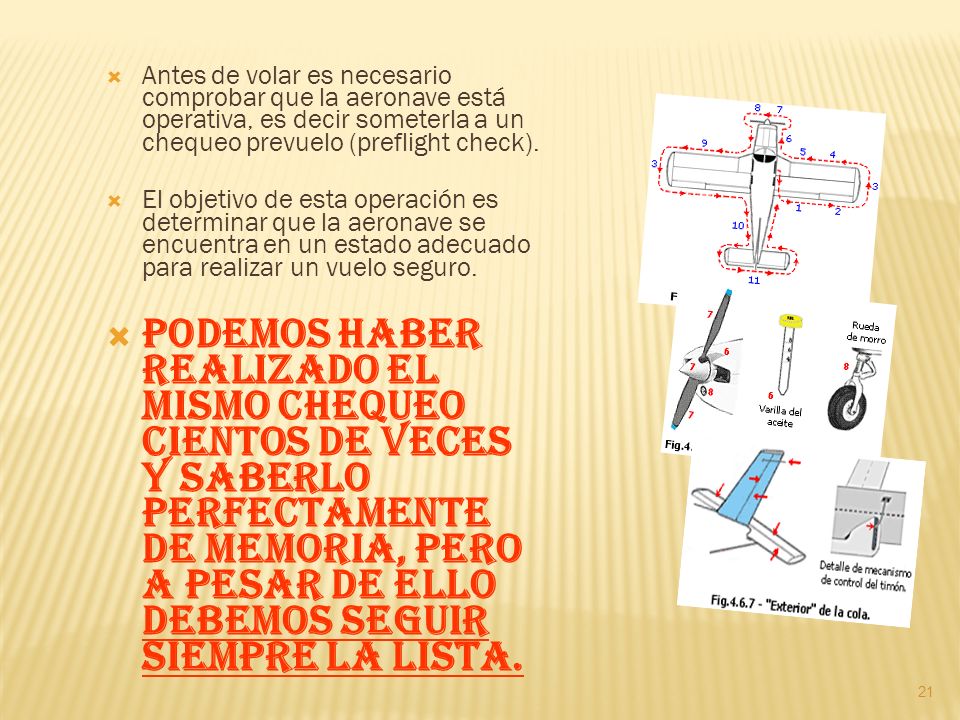 Antes de volar es necesario comprobar que la aeronave está operativa, es decir someterla a un chequeo prevuelo (preflight check).
