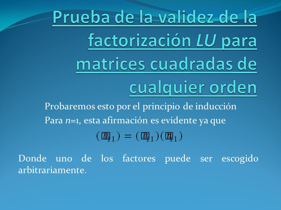 Prueba de la validez de la factorización LU para matrices cuadradas de cualquier orden