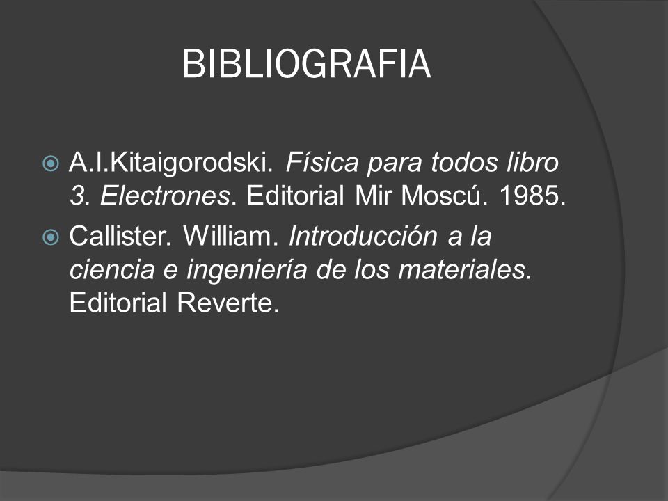 BIBLIOGRAFIA A.I.Kitaigorodski. Física para todos libro 3. Electrones. Editorial Mir Moscú