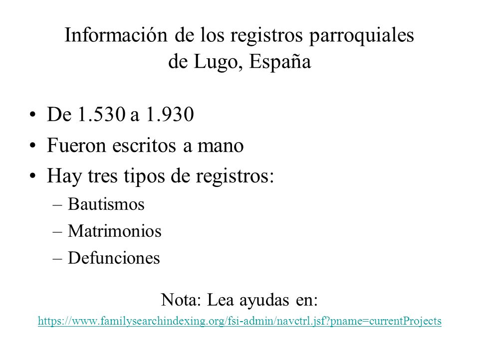 Información de los registros parroquiales de Lugo, España