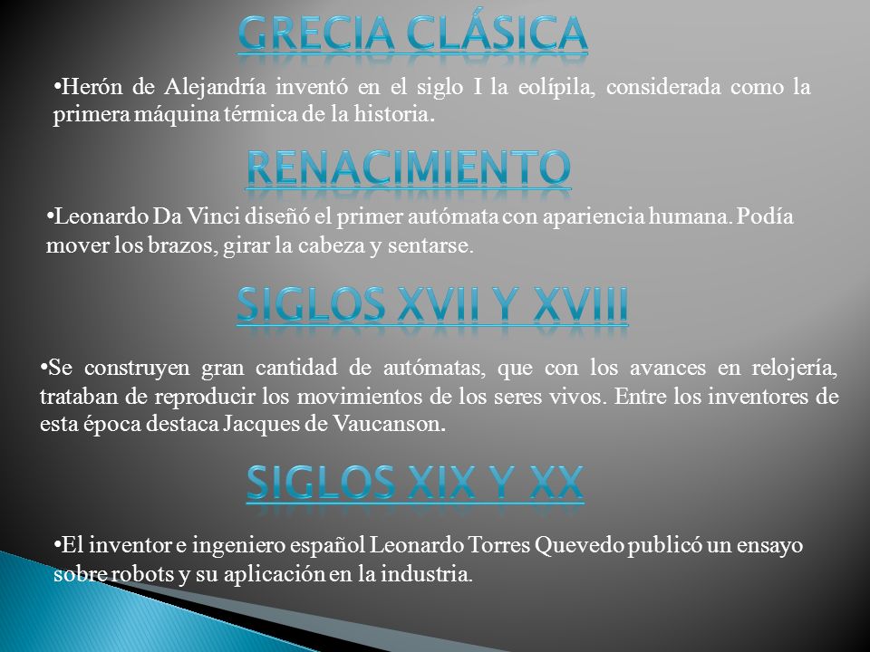 Grecia Clásica Renacimiento Siglos XVII y XVIII Siglos XIX y XX