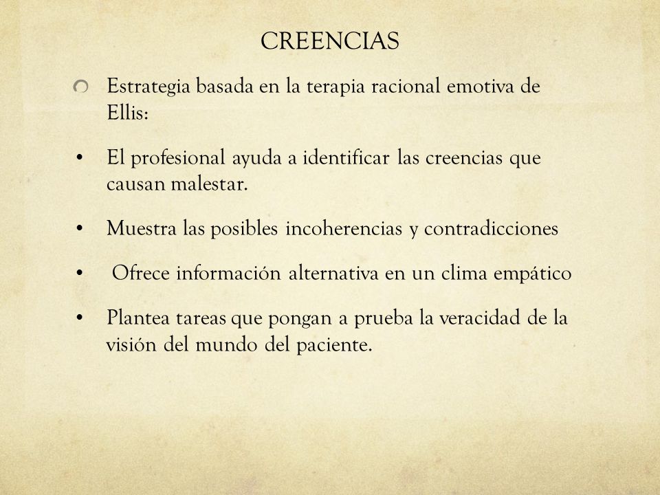 CREENCIAS Estrategia basada en la terapia racional emotiva de Ellis: