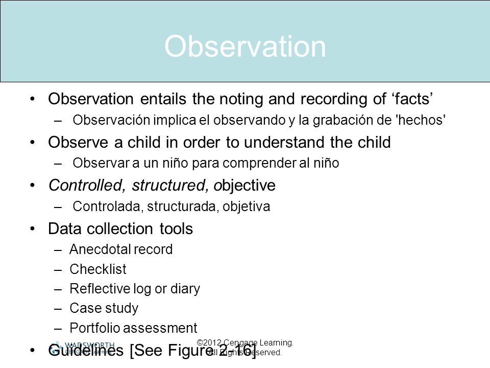 Observation Observation entails the noting and recording of ‘facts’
