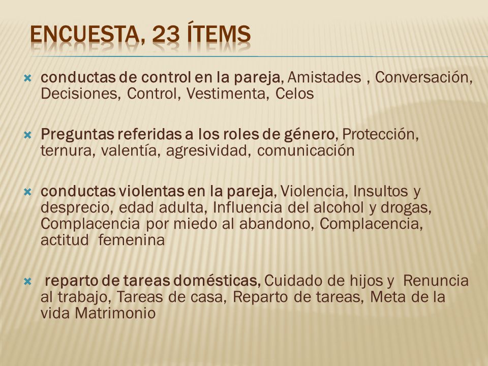Encuesta, 23 ítems conductas de control en la pareja, Amistades , Conversación, Decisiones, Control, Vestimenta, Celos.