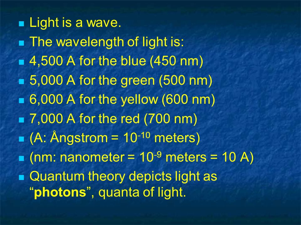 Light is a wave. The wavelength of light is: 4,500 A for the blue (450 nm) 5,000 A for the green (500 nm)