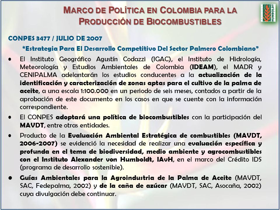 Marco de Política en Colombia para la Producción de Biocombustibles