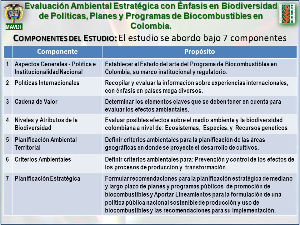 Componentes del Estudio: El estudio se abordo bajo 7 componentes