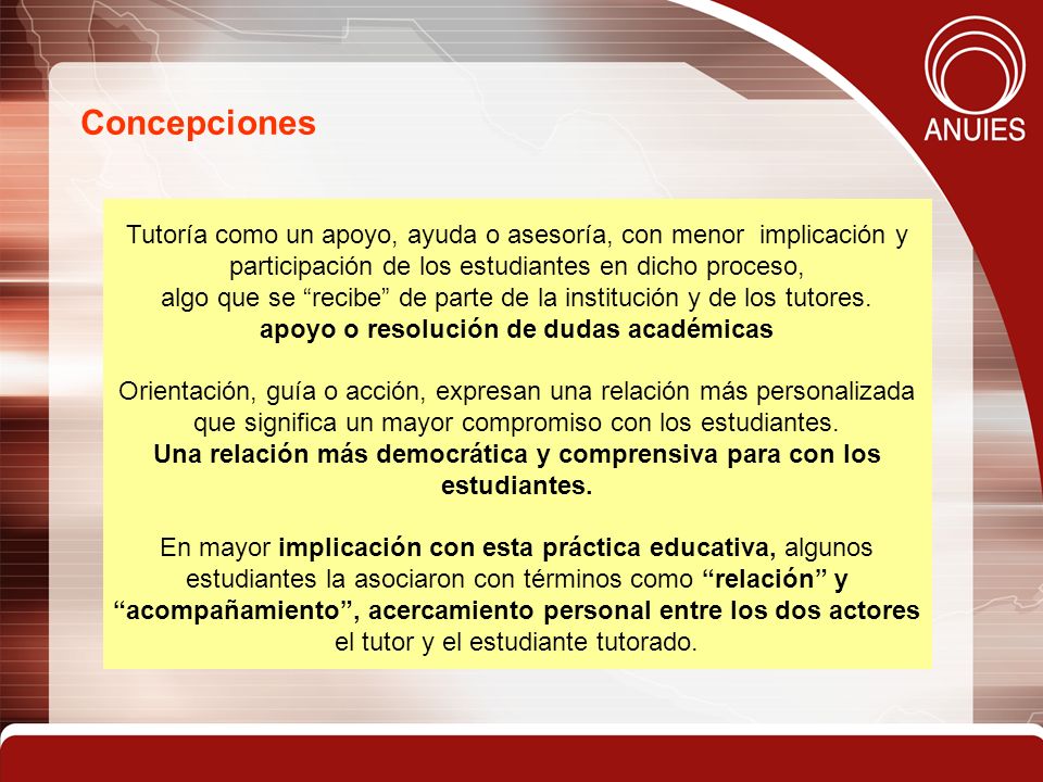 Concepciones Tutoría como un apoyo, ayuda o asesoría, con menor implicación y participación de los estudiantes en dicho proceso,