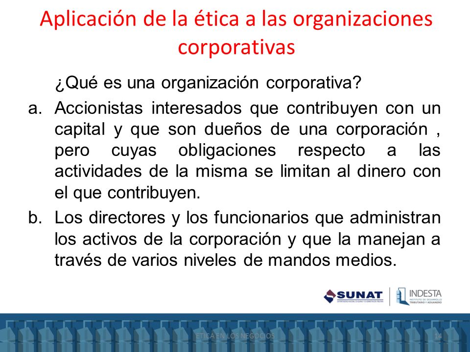 Aplicación de la ética a las organizaciones corporativas