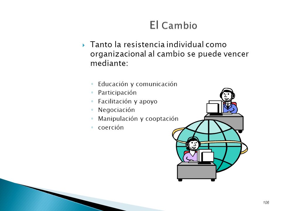 El Cambio Tanto la resistencia individual como organizacional al cambio se puede vencer mediante: