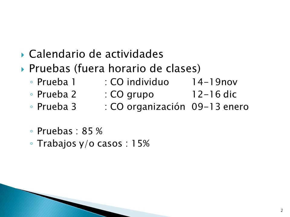 Calendario de actividades Pruebas (fuera horario de clases)