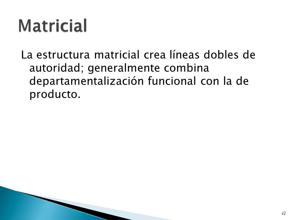 Matricial La estructura matricial crea líneas dobles de autoridad; generalmente combina departamentalización funcional con la de producto.