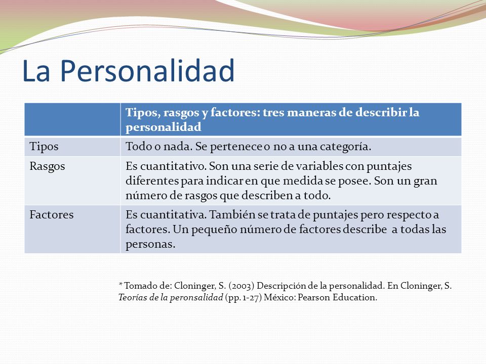 La Personalidad Tipos, rasgos y factores: tres maneras de describir la personalidad. Tipos. Todo o nada. Se pertenece o no a una categoría.