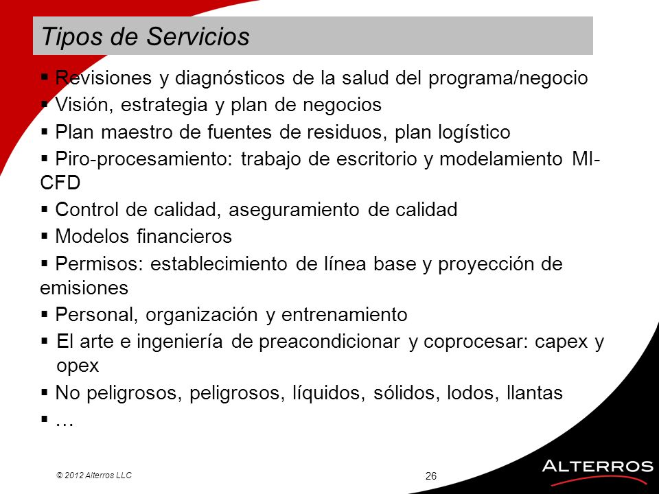 Tipos de Servicios Revisiones y diagnósticos de la salud del programa/negocio. Visión, estrategia y plan de negocios.