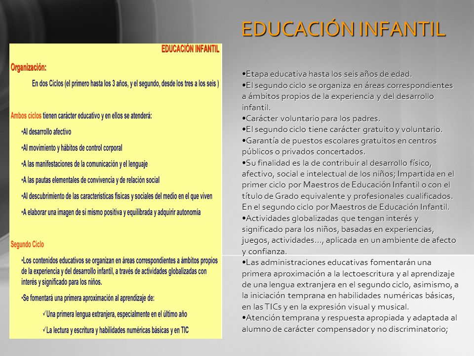 EDUCACIÓN INFANTIL Etapa educativa hasta los seis años de edad.
