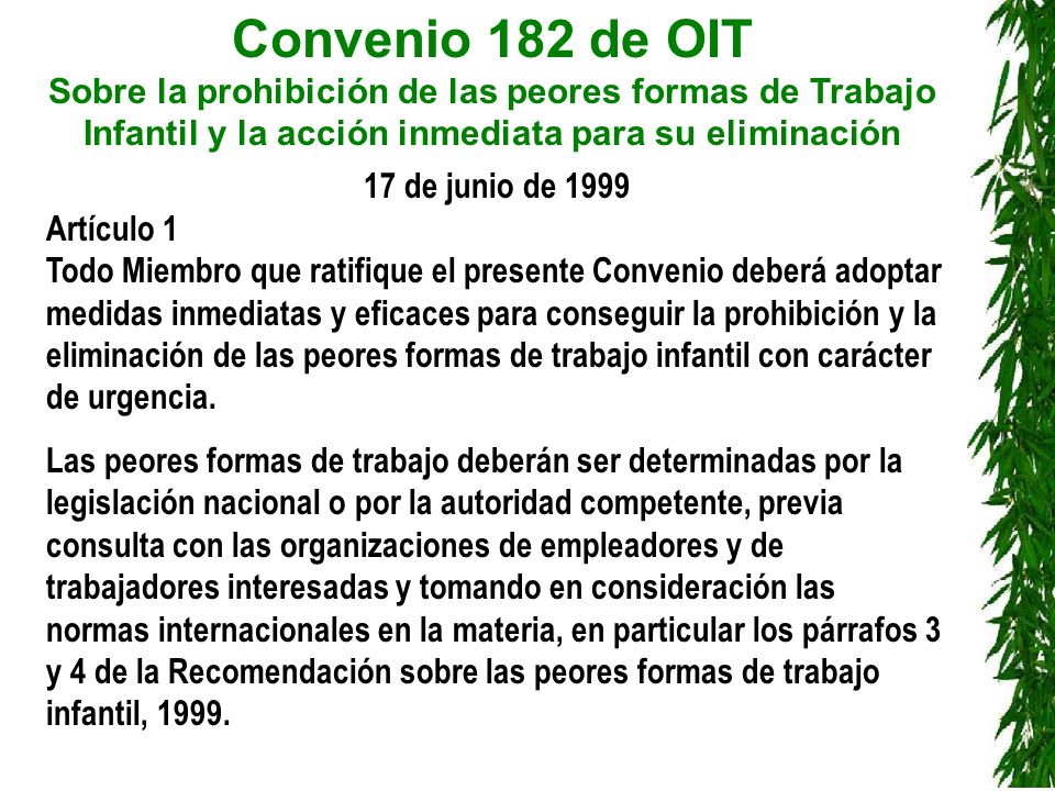 Convenio 182 de OIT Sobre la prohibición de las peores formas de Trabajo Infantil y la acción inmediata para su eliminación 99.