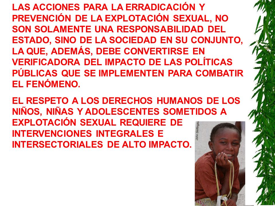 LAS ACCIONES PARA LA ERRADICACIÓN Y PREVENCIÓN DE LA EXPLOTACIÓN SEXUAL, NO SON SOLAMENTE UNA RESPONSABILIDAD DEL ESTADO, SINO DE LA SOCIEDAD EN SU CONJUNTO, LA QUE, ADEMÁS, DEBE CONVERTIRSE EN VERIFICADORA DEL IMPACTO DE LAS POLÍTICAS PÚBLICAS QUE SE IMPLEMENTEN PARA COMBATIR EL FENÓMENO.