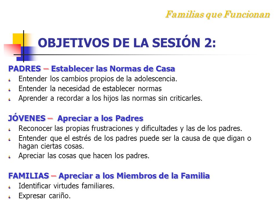 Familias que Funcionan OBJETIVOS DE LA SESIÓN 2: