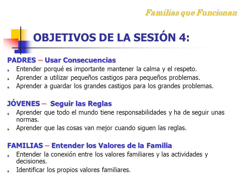 Familias que Funcionan OBJETIVOS DE LA SESIÓN 4:
