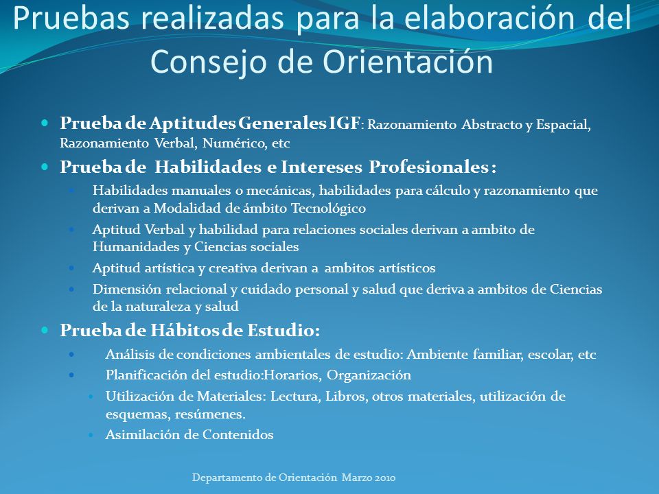 Pruebas realizadas para la elaboración del Consejo de Orientación