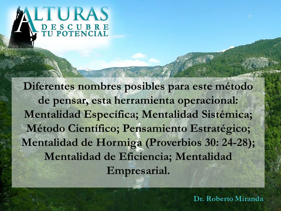 Diferentes nombres posibles para este método de pensar, esta herramienta operacional: Mentalidad Específica; Mentalidad Sistémica; Método Científico; Pensamiento Estratégico; Mentalidad de Hormiga (Proverbios 30: 24-28); Mentalidad de Eficiencia; Mentalidad Empresarial.