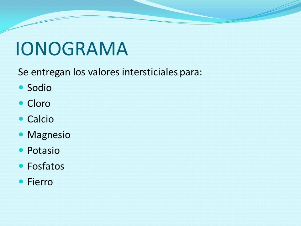 IONOGRAMA Se entregan los valores intersticiales para: Sodio Cloro