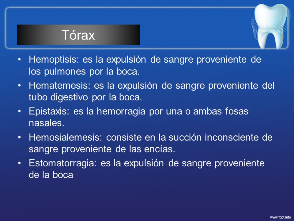 Tórax Hemoptisis: es la expulsión de sangre proveniente de los pulmones por la boca.