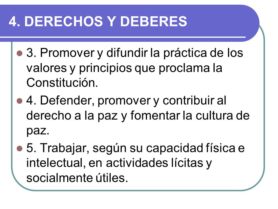 4. DERECHOS Y DEBERES 3. Promover y difundir la práctica de los valores y principios que proclama la Constitución.