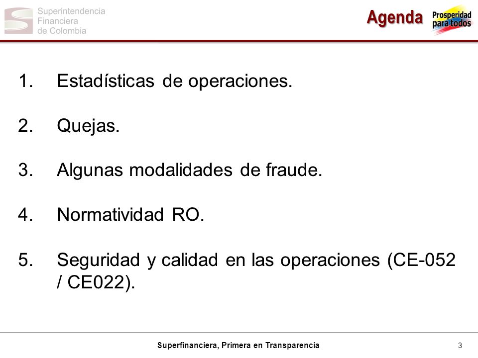 Agenda Estadísticas de operaciones. Quejas. Algunas modalidades de fraude. Normatividad RO.