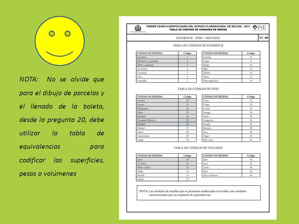 NOTA: No se olvide que para el dibujo de parcelas y el llenado de la boleta, desde la pregunta 20, debe utilizar la tabla de equivalencias para codificar las superficies, pesos o volúmenes