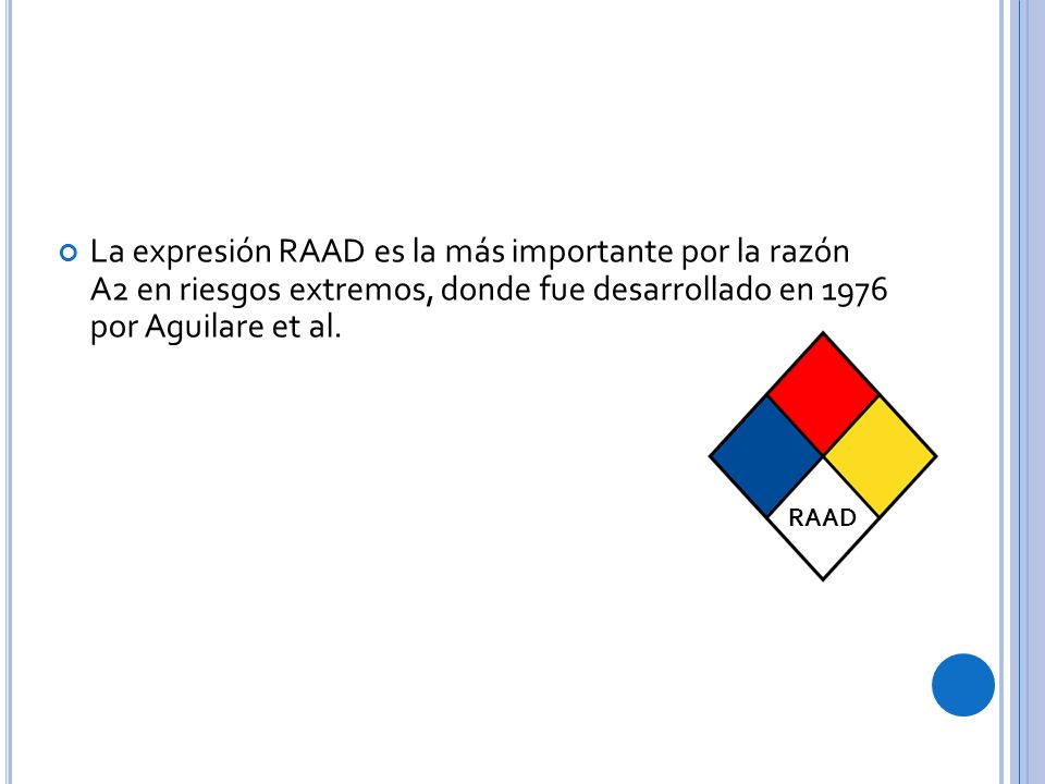 La expresión RAAD es la más importante por la razón A2 en riesgos extremos, donde fue desarrollado en 1976 por Aguilare et al.