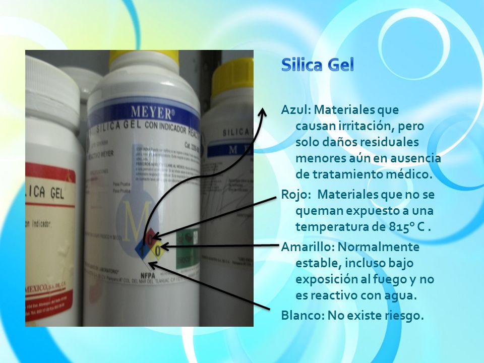 Silica Gel Azul: Materiales que causan irritación, pero solo daños residuales menores aún en ausencia de tratamiento médico.