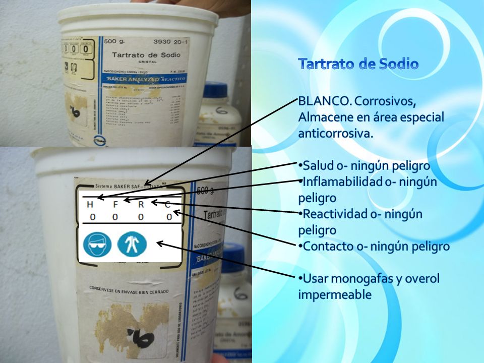 Tartrato de Sodio BLANCO. Corrosivos, Almacene en área especial anticorrosiva. Salud 0- ningún peligro.