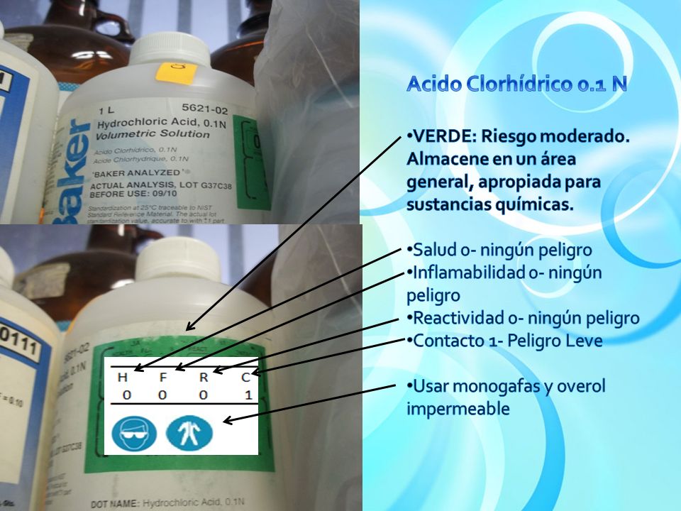 Acido Clorhídrico 0.1 N VERDE: Riesgo moderado. Almacene en un área general, apropiada para sustancias químicas.