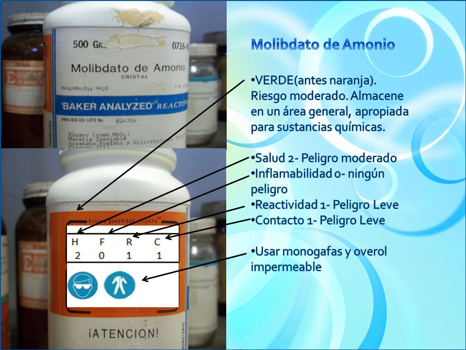 Molibdato de Amonio VERDE(antes naranja). Riesgo moderado. Almacene en un área general, apropiada para sustancias químicas.